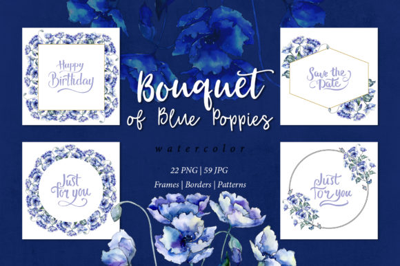 Bouquet of Blue Poppies Watercolor Set for Design