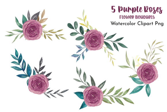 Handpainted Watercolor Purple Roses Bouquets