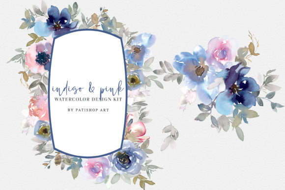Indigo and Pink Watercolor Clipart Set: Elevating Visual Projects with Hand-Painted Florals