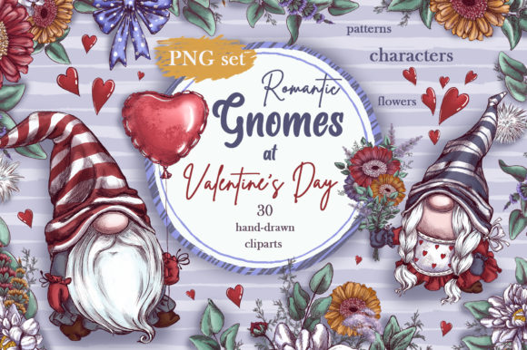 Romantic Gnomes at Valentine s Day: Hand-drawn Clipart for Heartfelt Designs
